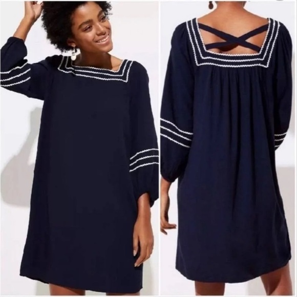 LOFT Nautical Long Sleeve Cris-Cross Back Dress - Picture 1 of 7